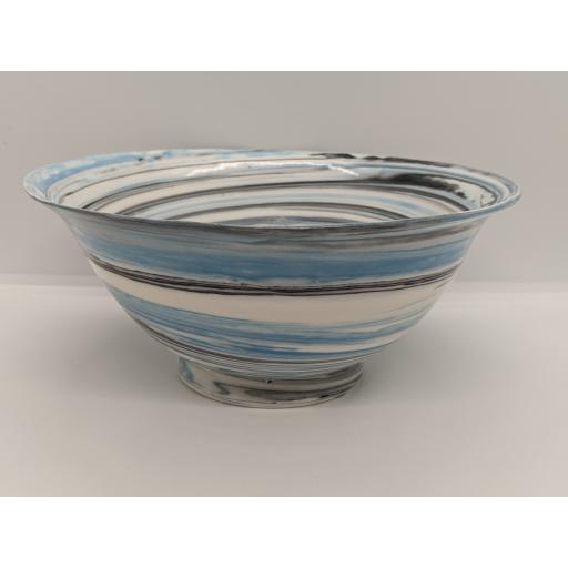 Large marbled porcelain bowl, in blue and black on white by Anne Richards, bespoke filled with hand poured candle